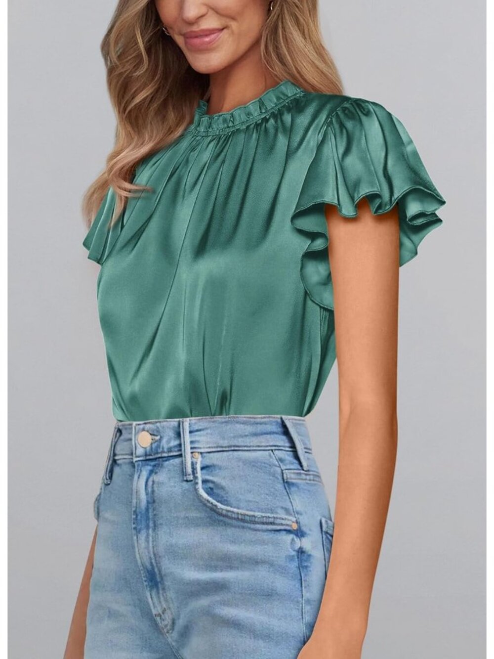Women's Aqua Green Satin Blouse Ruffled Neck Flutter Sleeve Office Work Silk Top - Picture 5 of 6